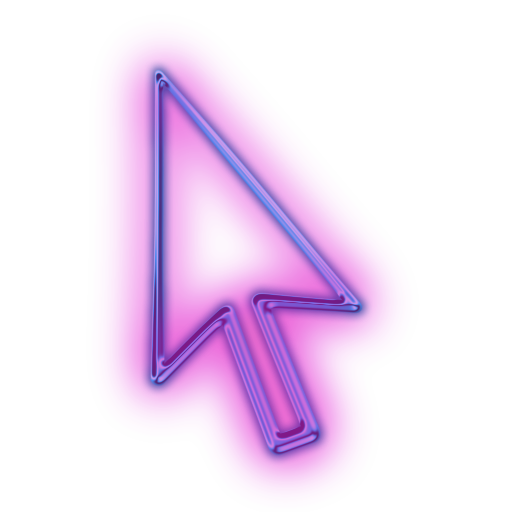 A purple and pink glowing neon outline of a computer mouse cursor pointing diagonally up and to the left.