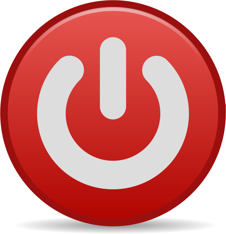 A red, round, glossy button with the universal white power symbol (line over a circle) in the center.