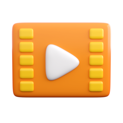 A 3D rendered, glossy orange rectangular icon with yellow squares along the sides like film perforations, and a white play button triangle in the center.