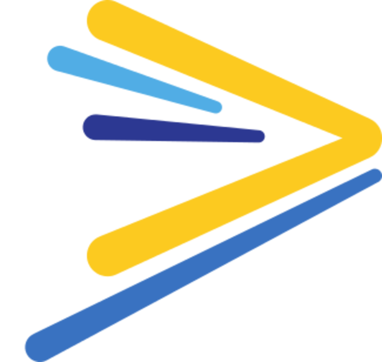 An abstract logo made of three yellow and three blue horizontal, rounded lines of varying lengths, forming a V-shape pointing to the right, symbolizing speed and forward motion.
