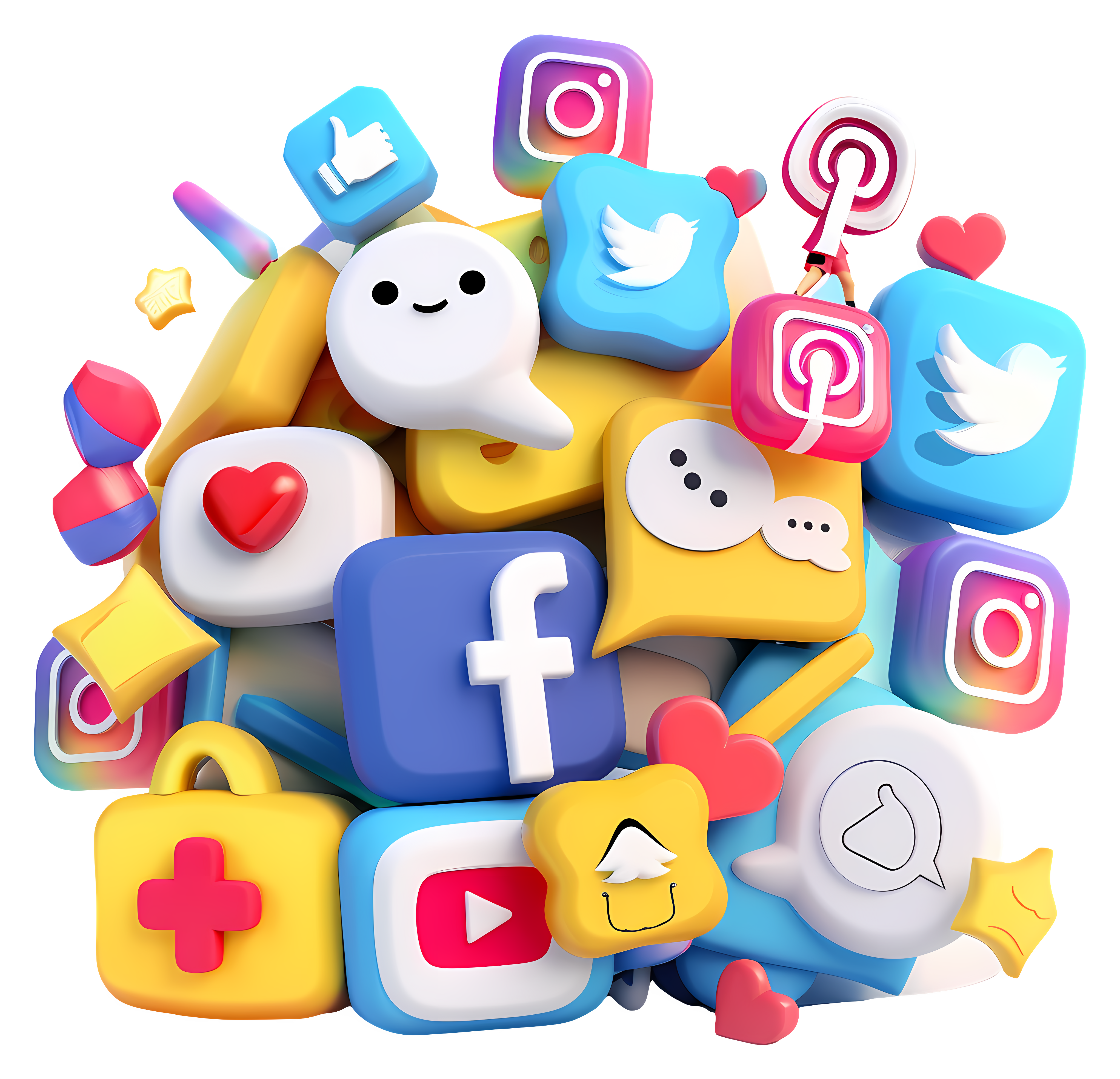 A colorful, clustered assortment of 3D social media logos and icons, including a blue Facebook 'f', an Instagram camera, a Twitter bird, a Snapchat ghost, and a YouTube play button.