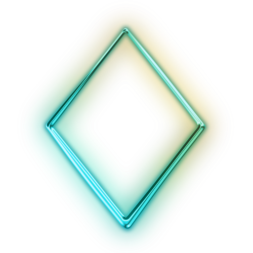 D rendered, glossy, transparent, diamond-shaped frame with a blue and cyan glowing gradient outline.