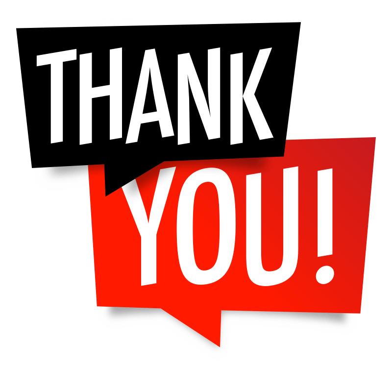 A bold graphic illustration with the text "THANK" in large white letters on a black background, and "YOU!" in large white letters inside a red, irregular speech bubble shape below it.