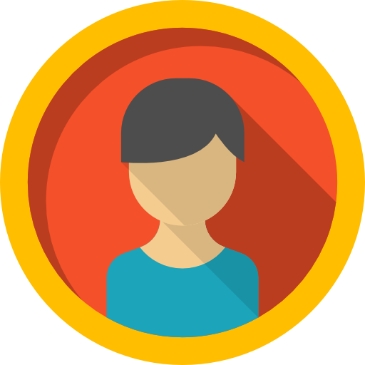 A flat design illustration of an anonymous person avatar with short dark hair and a blue shirt, inside a red circle with a thick yellow border.