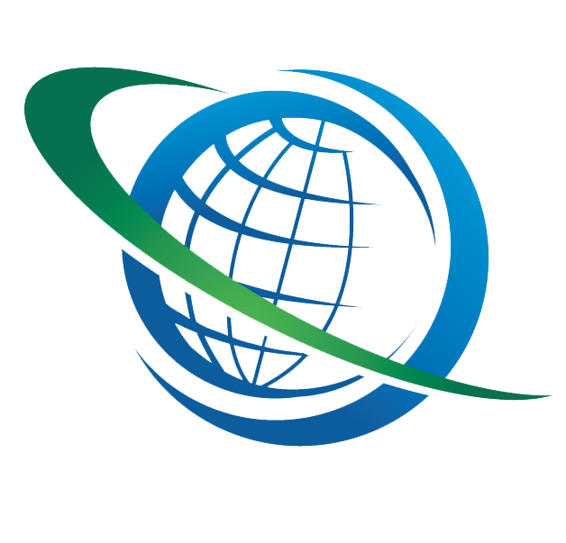 An abstract logo featuring a blue globe with longitude and latitude lines, orbited by a thick, sweeping green and blue gradient curve.