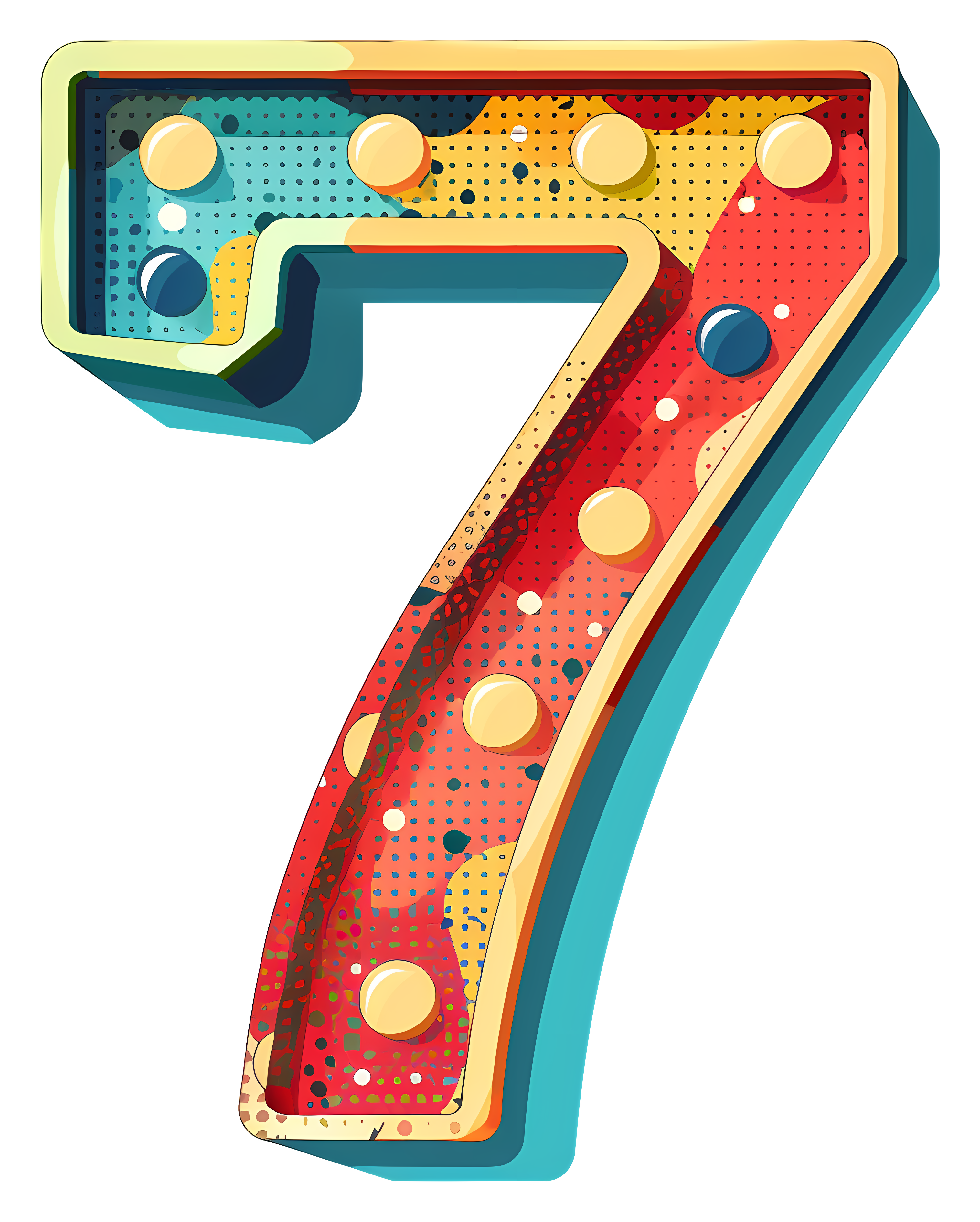 A 3D illustration of a large, retro marquee-style number 7 with an aged look, featuring multiple light bulbs and a distressed red, blue, and yellow pattern.