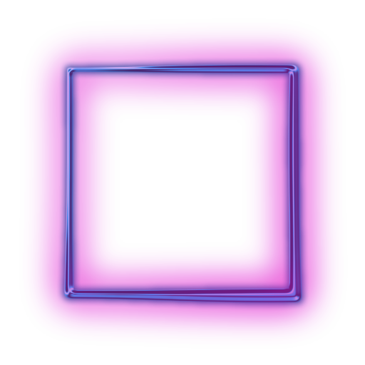 A 3D rendered, glossy, transparent, square-shaped frame with a purple and pink glowing gradient outline.