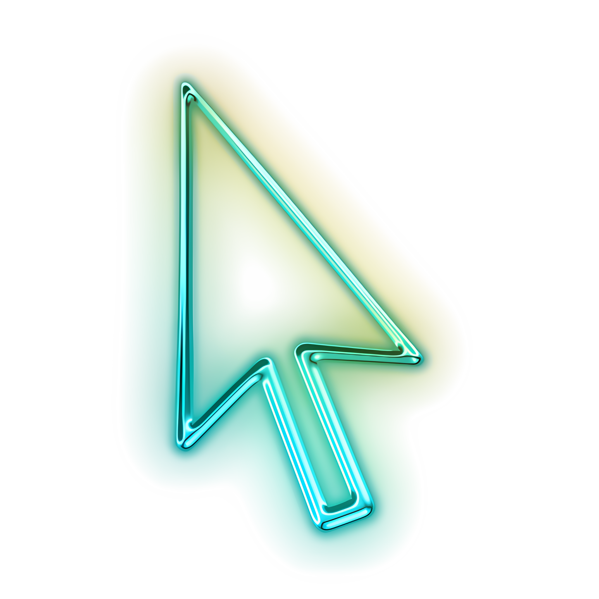A 3D rendered, glossy, transparent, glowing neon outline of a computer mouse cursor pointing diagonally up and to the left.