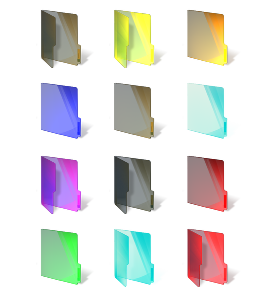 A grid of twelve glossy, semi-transparent 3D computer file folder icons in different colors including gray, yellow, orange, blue, cyan, magenta, red, and green, arranged on a white background