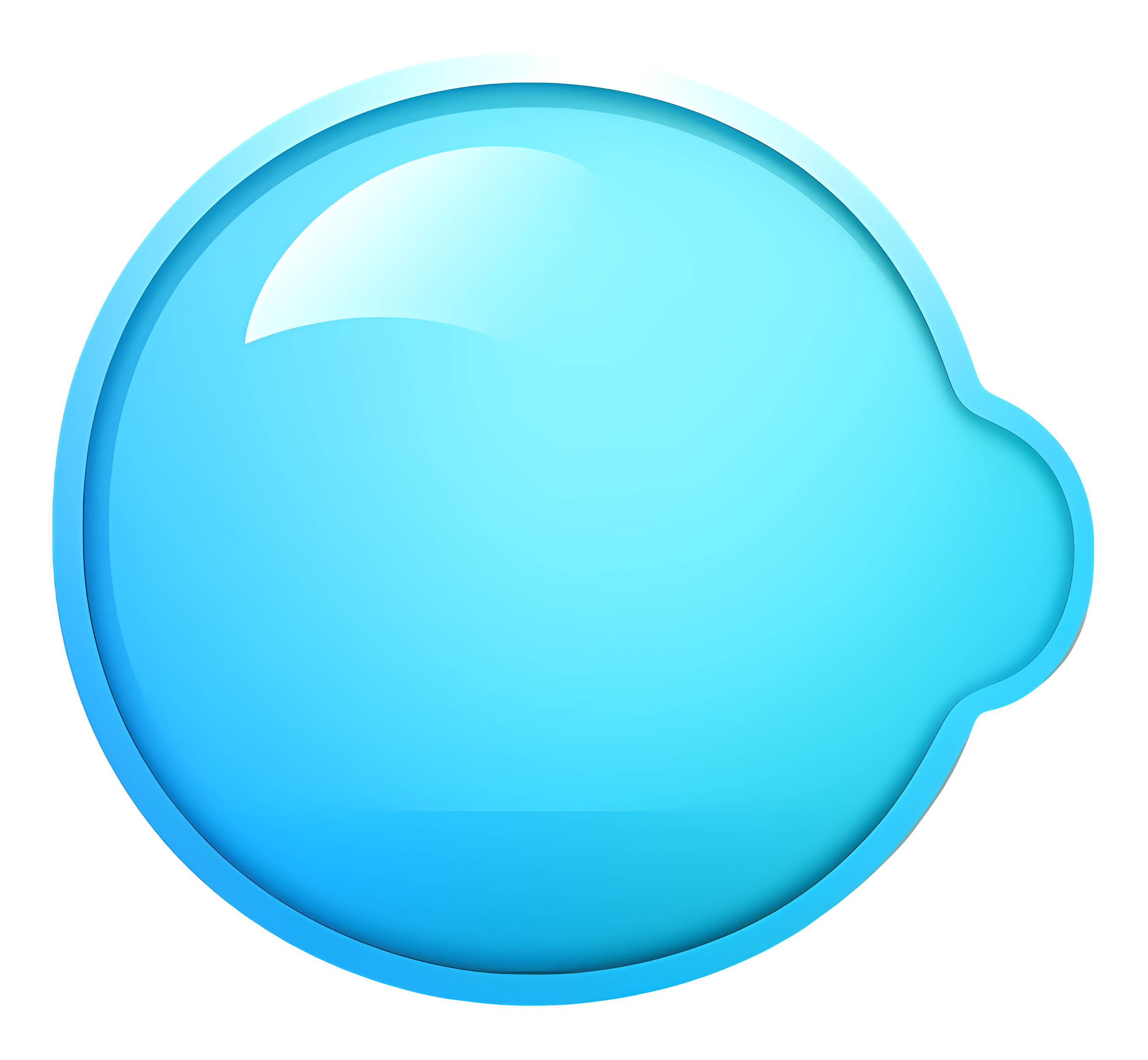 A 3D rendered, glossy, light blue circular icon or button with a bright white reflection and a small, rounded tab on the right side.