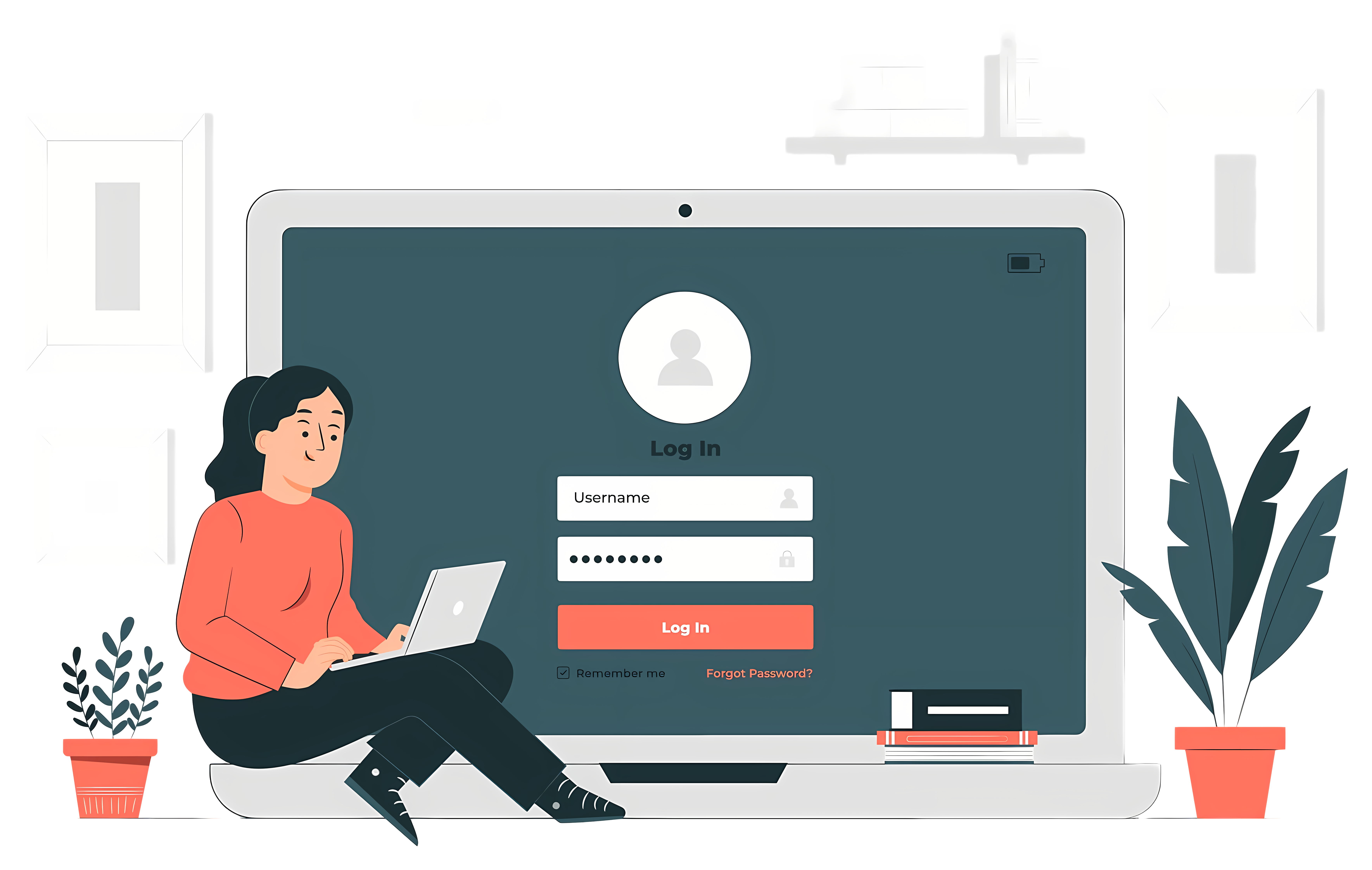 Illustration of a person using a laptop to access a user login screen on a transparent background