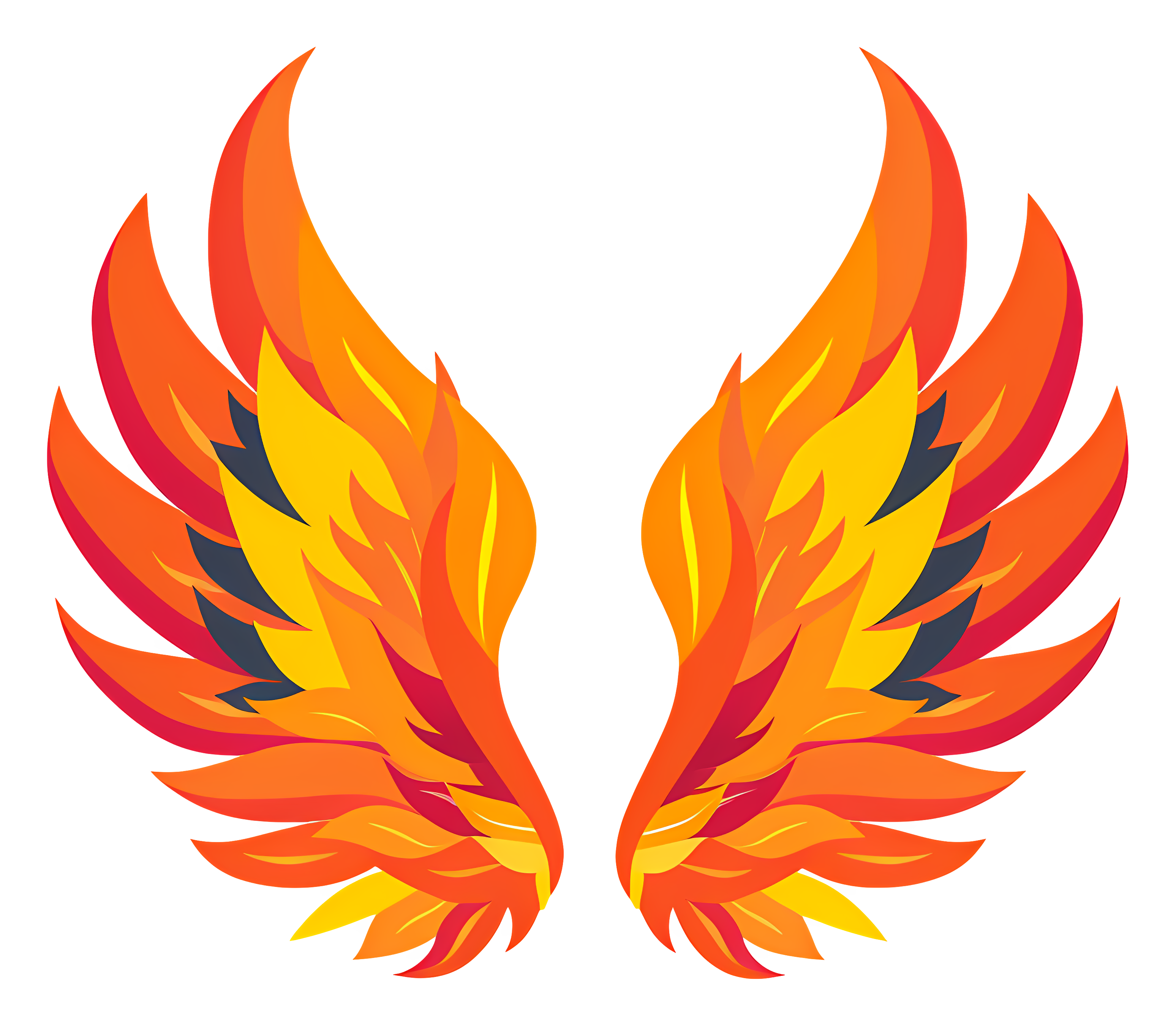 Stylized illustration of a pair of fiery orange, yellow, and red wings on a transparent background