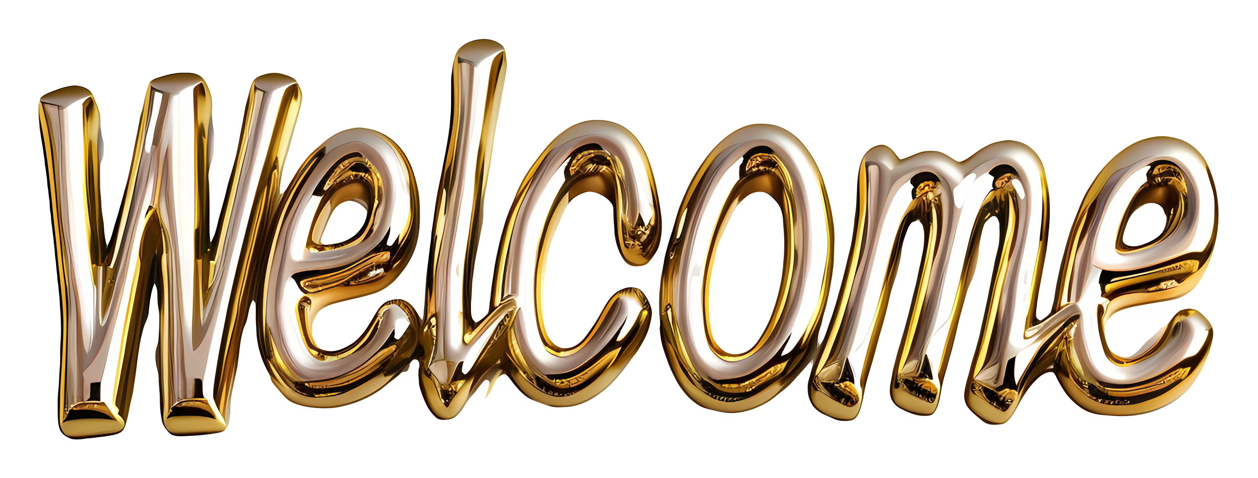 3D metallic gold script text illustration spelling "Welcome" on a transparent background