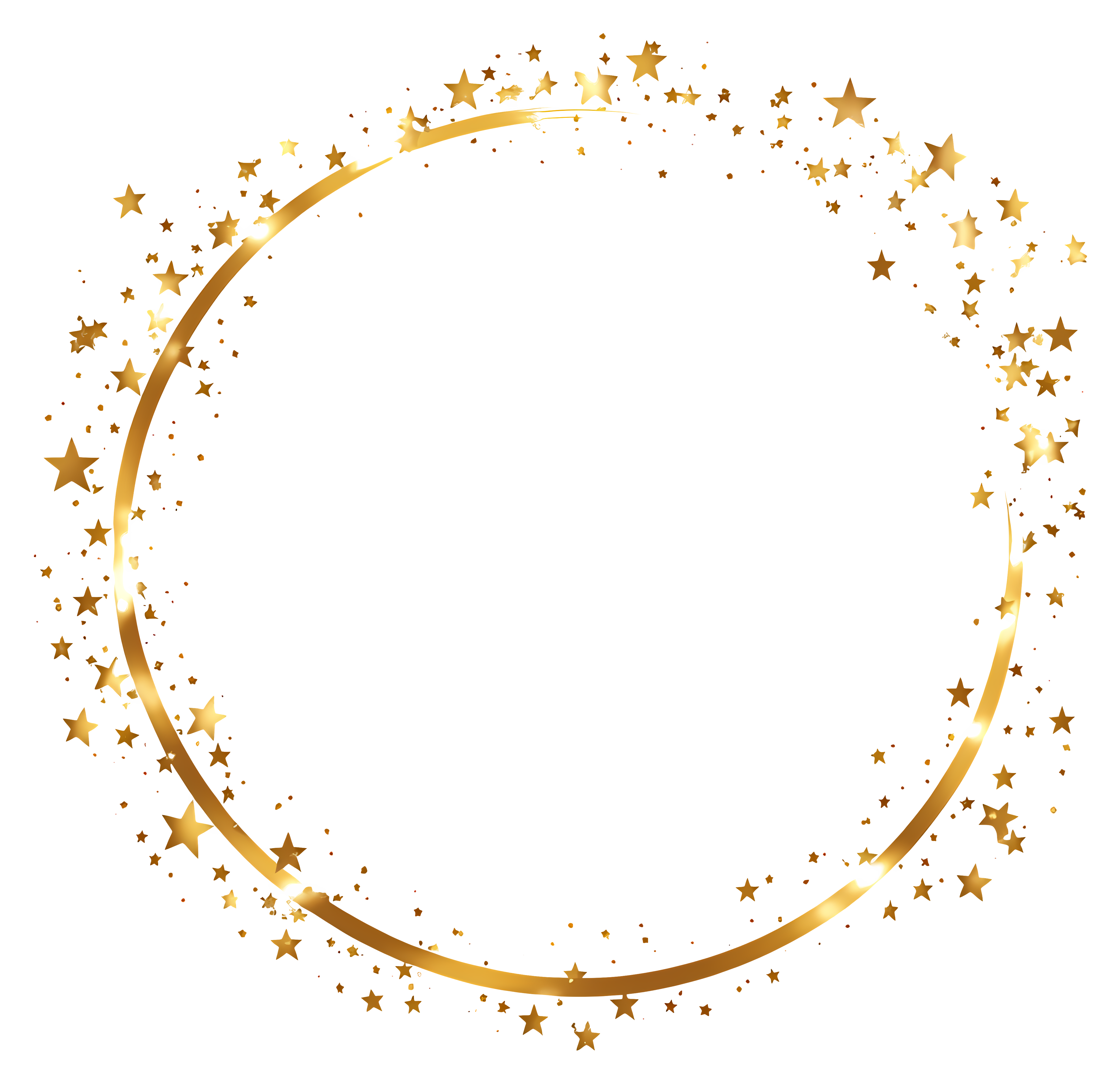 Elegant gold circular frame border with scattered sparkling gold stars on a transparent background
