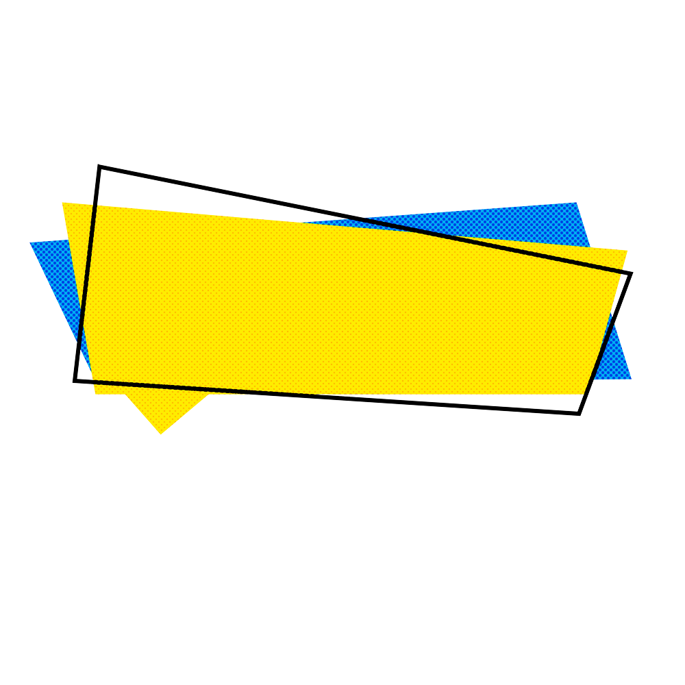 Abstract yellow and blue geometric layered text banner with a black outline on a transparent background