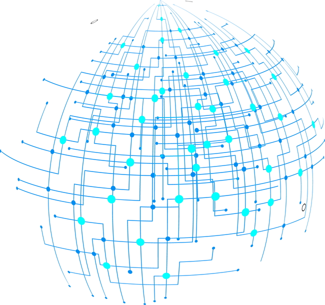 Abstract blue technology globe with a circuit board pattern of lines and connection points on a transparent background