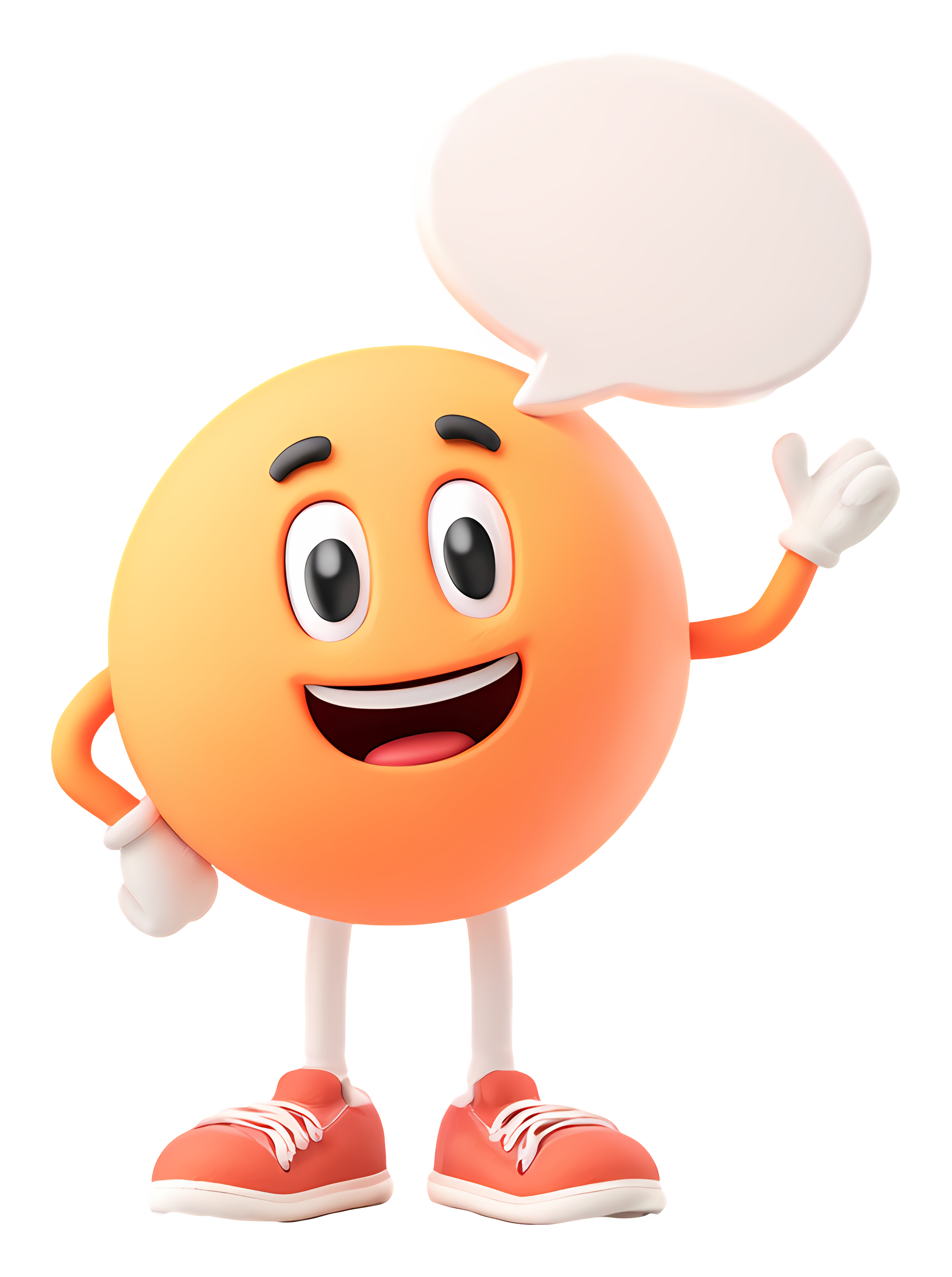 3D orange emoji character smiling and waving with a blank white speech bubble on a transparent background