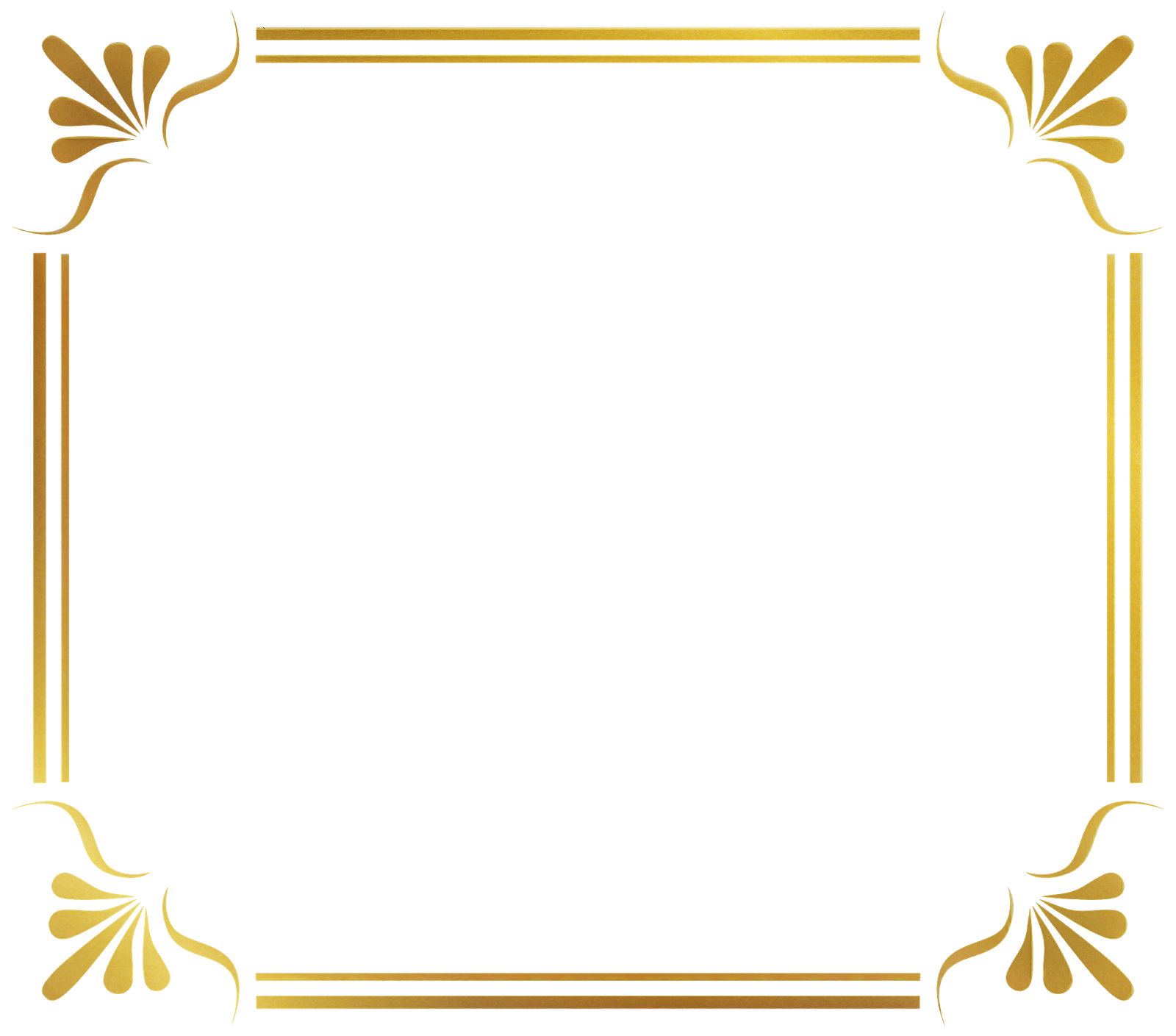 Elegant gold rectangular frame border with decorative corner scrollwork on a transparent background