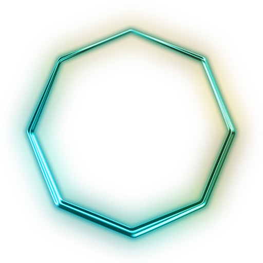 Teal and green glowing neon octagon frame on a white background.