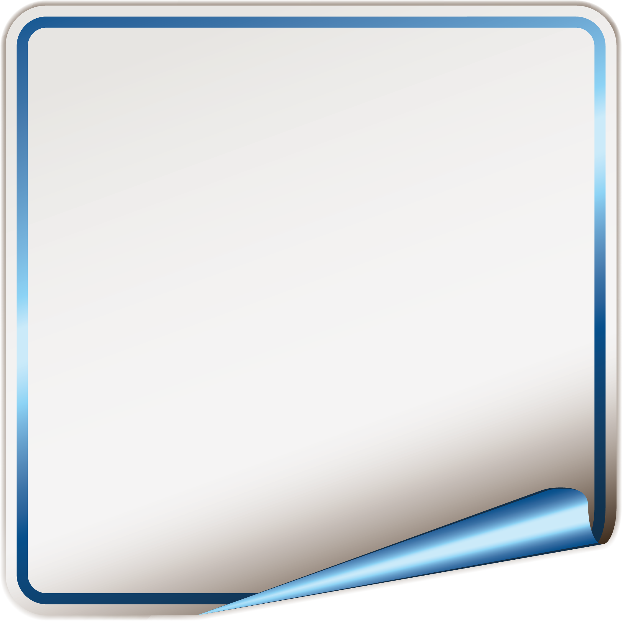 Blank white square adhesive sticker with a thin blue border and the bottom right corner peeled back.