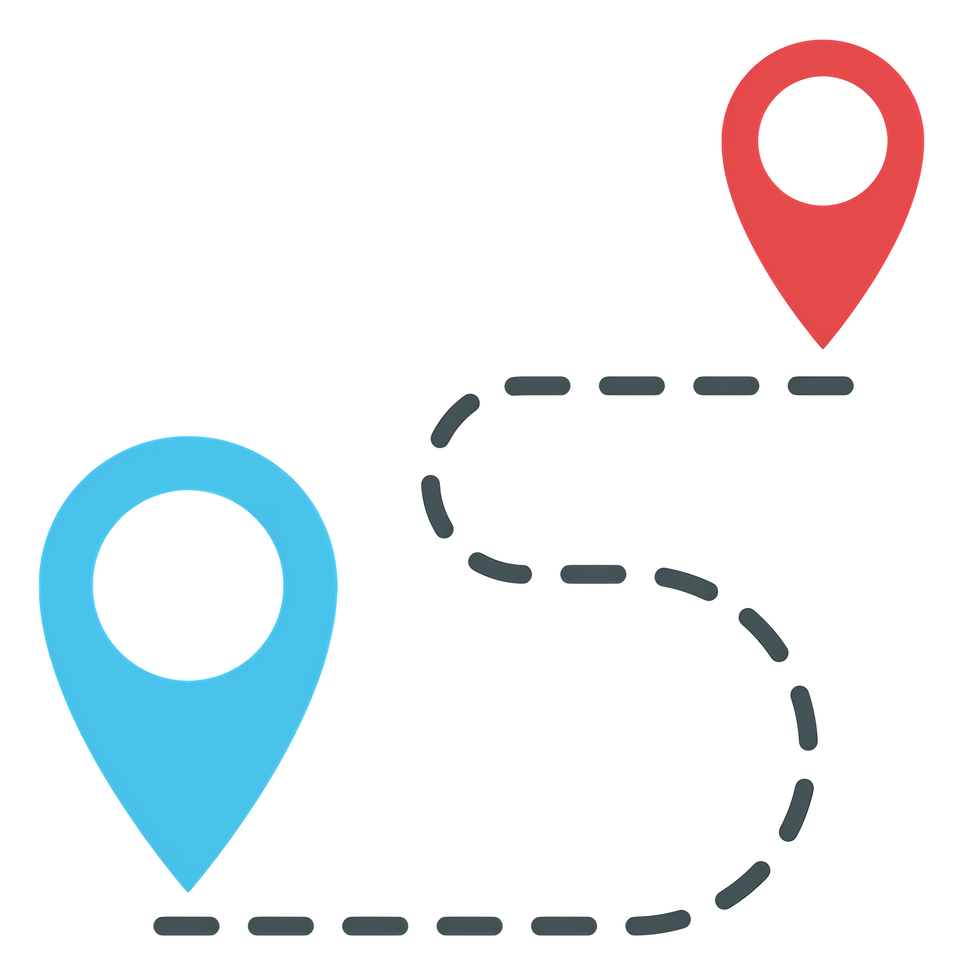 Two map location pins, one blue and one red, connected by a dashed black line showing a route or journey.