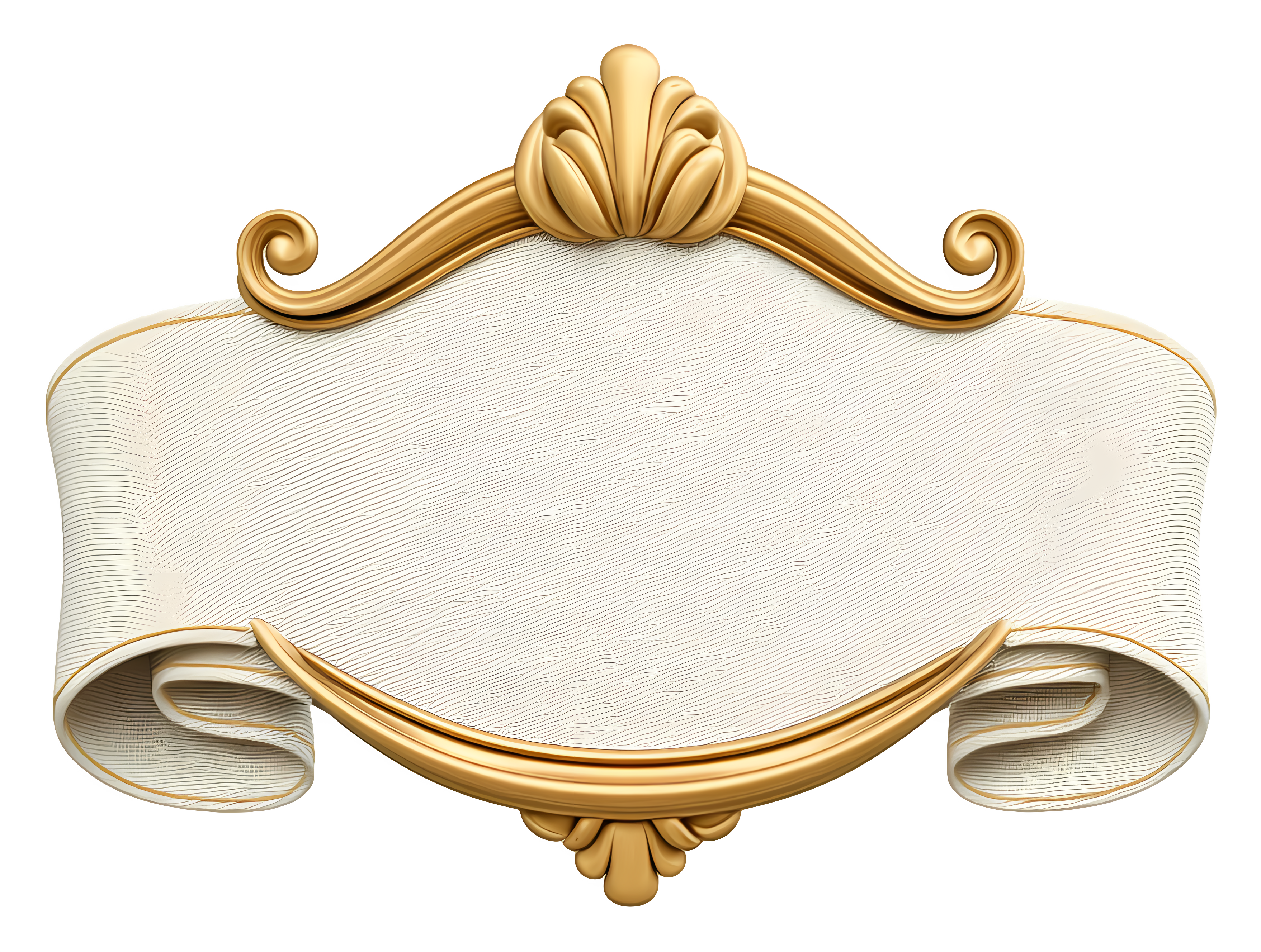 An ornate gold and white decorative banner frame with scroll details and a textured white background.