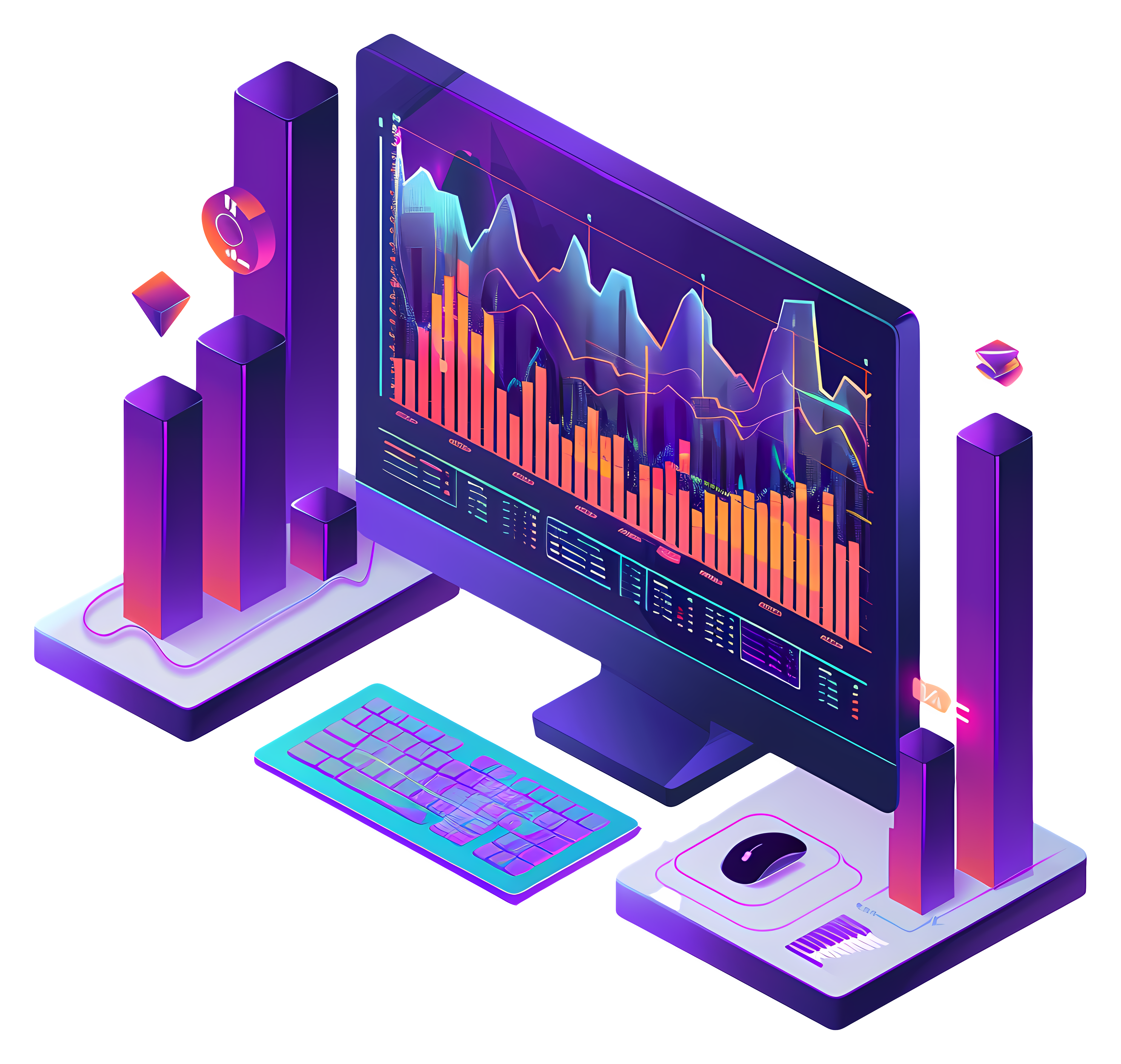 Isometric illustration of a computer setup displaying data analysis and financial graphs for business analytics.
