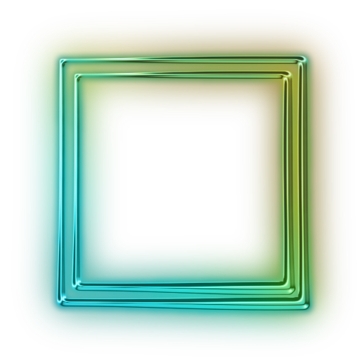 Blue and green gradient neon glowing square frame border design element on a white background.