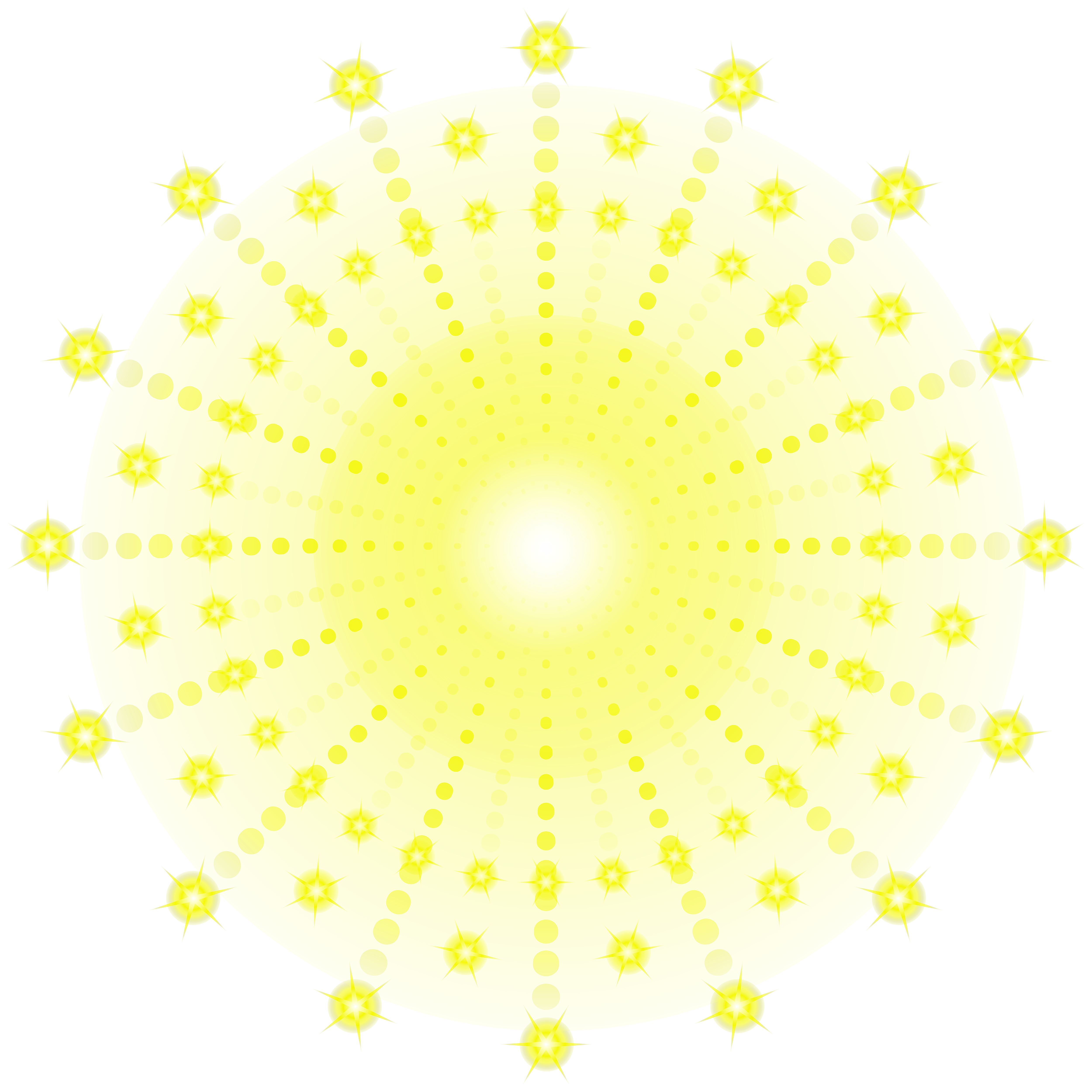 Bright yellow dotted sunburst graphic with radiating lines and sparkling star shapes.