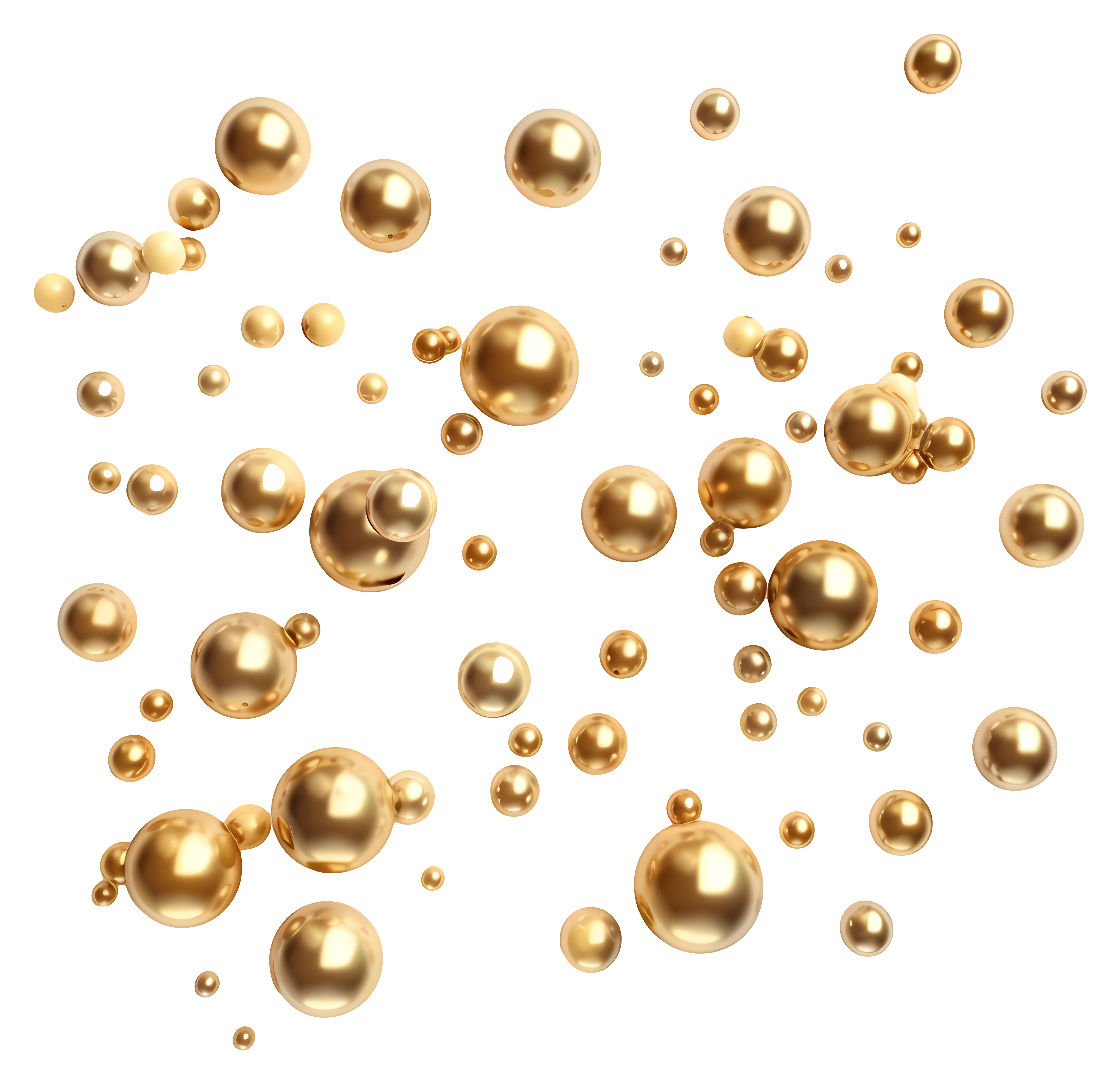 Realistic 3D illustration of various sized shiny gold spheres and beads floating on a white background.