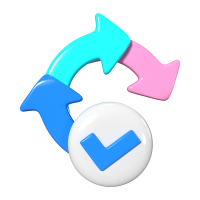 3D illustration icon of a circular process with three arrows and a blue checkmark indicating completion.
