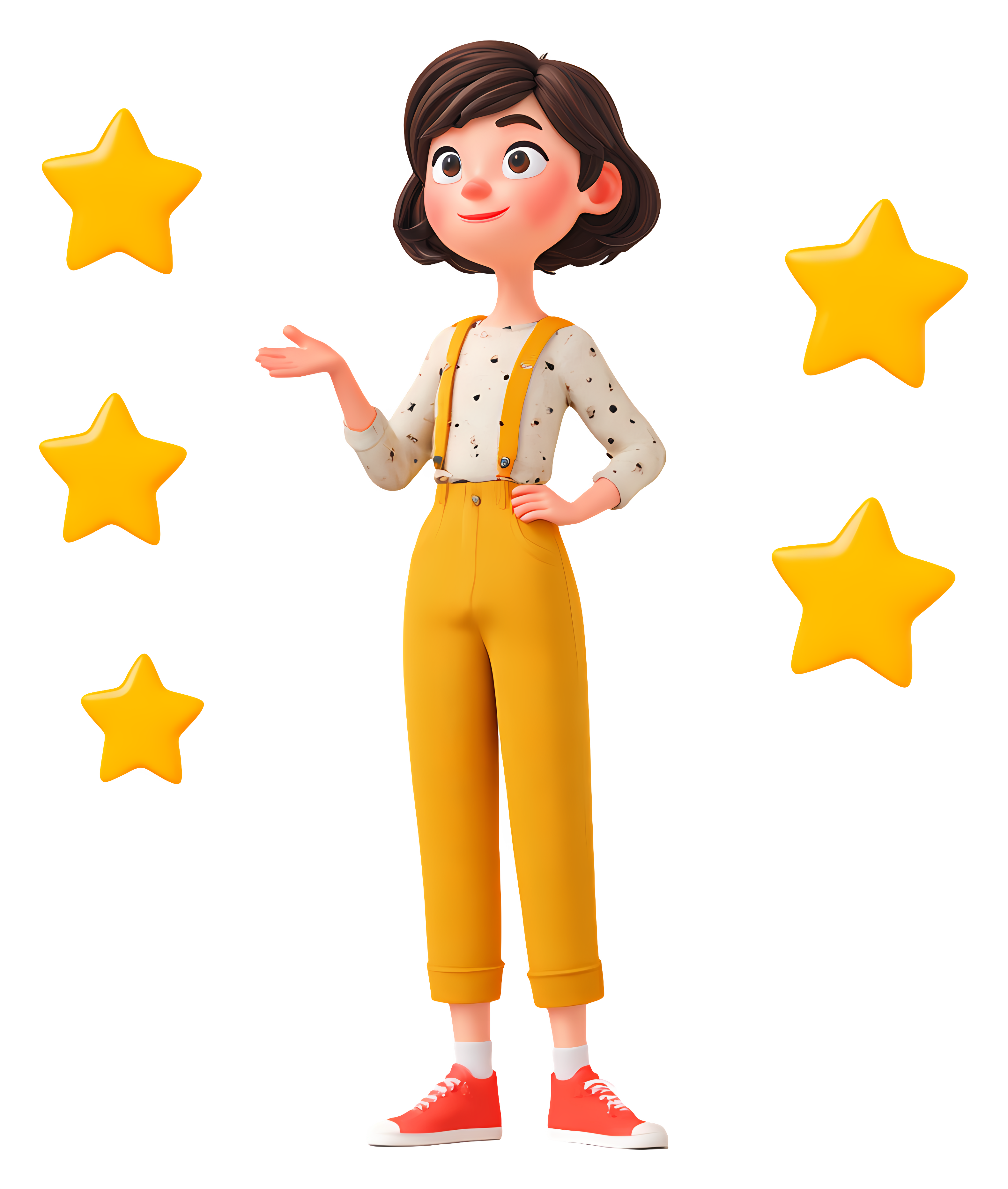A 3D illustration of a cheerful girl in yellow overalls presenting five yellow stars, representing customer ratings and excellent quality.