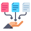 A flat icon showing three colored documents with arrows pointing down into an open hand, symbolizing data consolidation and information flow.