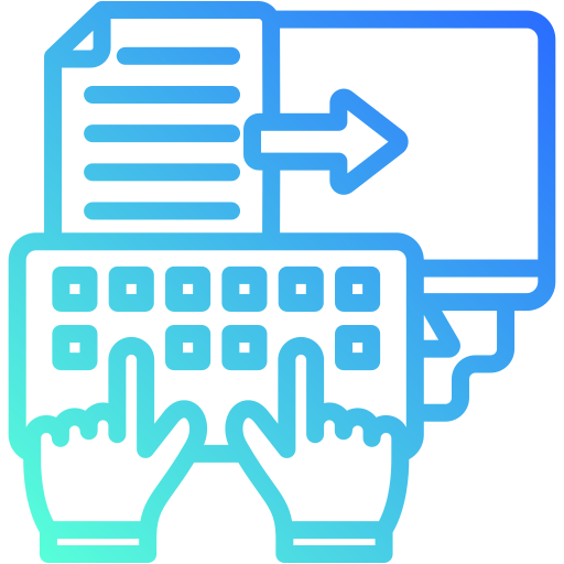 A gradient icon showing hands typing on a keyboard, a document, and an arrow pointing to a monitor, symbolizing data entry or information input.