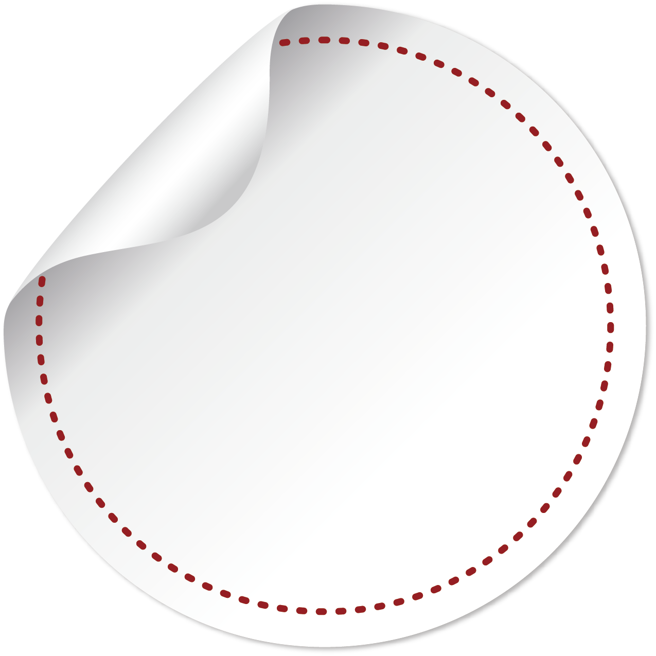 A blank white round circle sticker with a peeled corner and a red dotted border on a transparent background, ready for custom text or graphics.