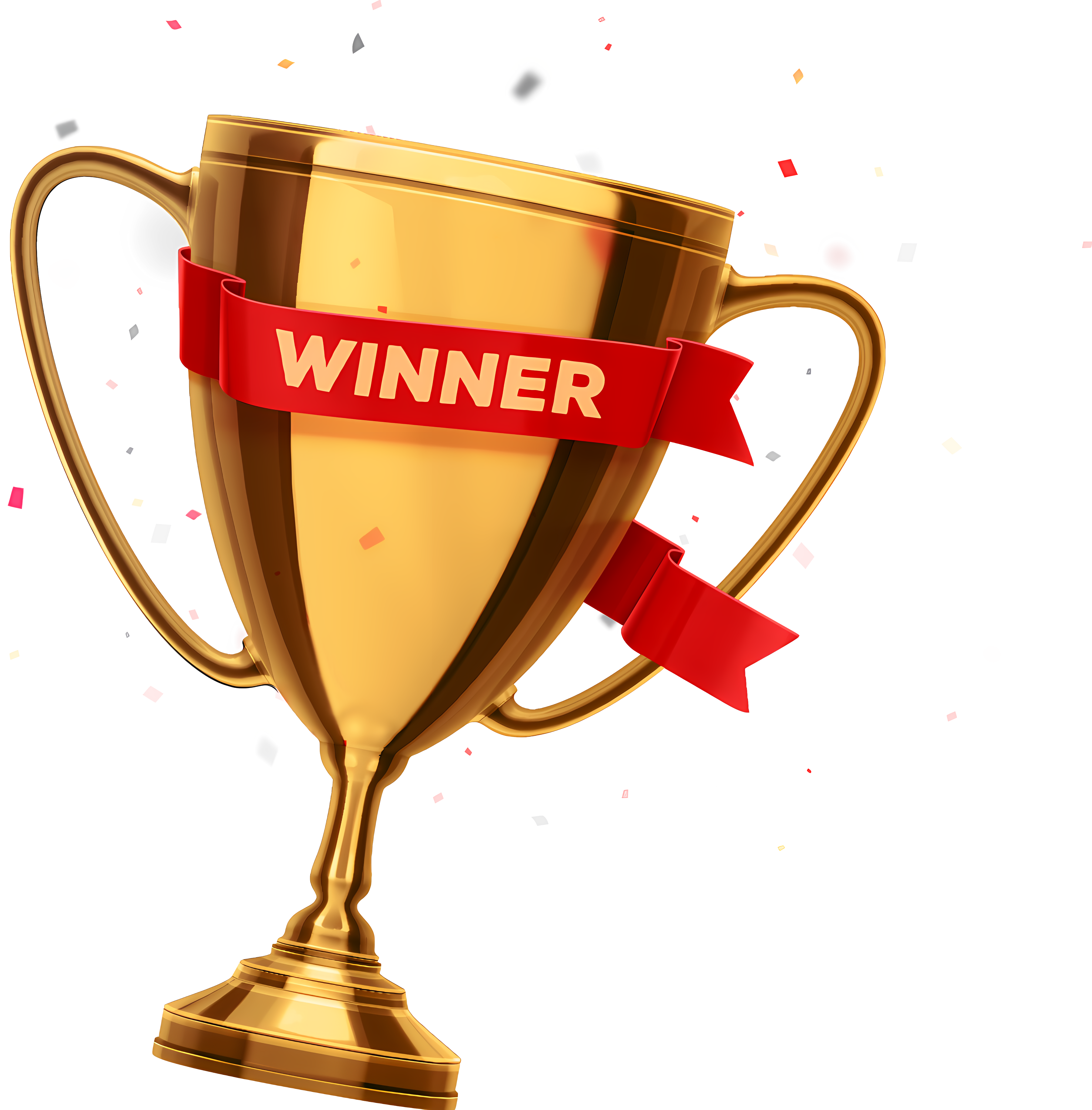 A shiny gold trophy cup with a red ribbon labeled "WINNER" and falling confetti on a transparent background, symbolizing success and achievement.