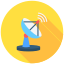 A flat icon of a blue and white satellite dish antenna in a yellow circle, symbolizing communication and signal reception.