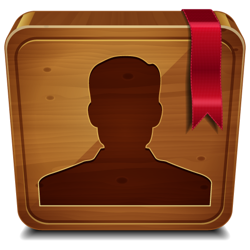 A realistic wood address book icon with a silhouette of a person and a red ribbon, representing contacts or a user profile.