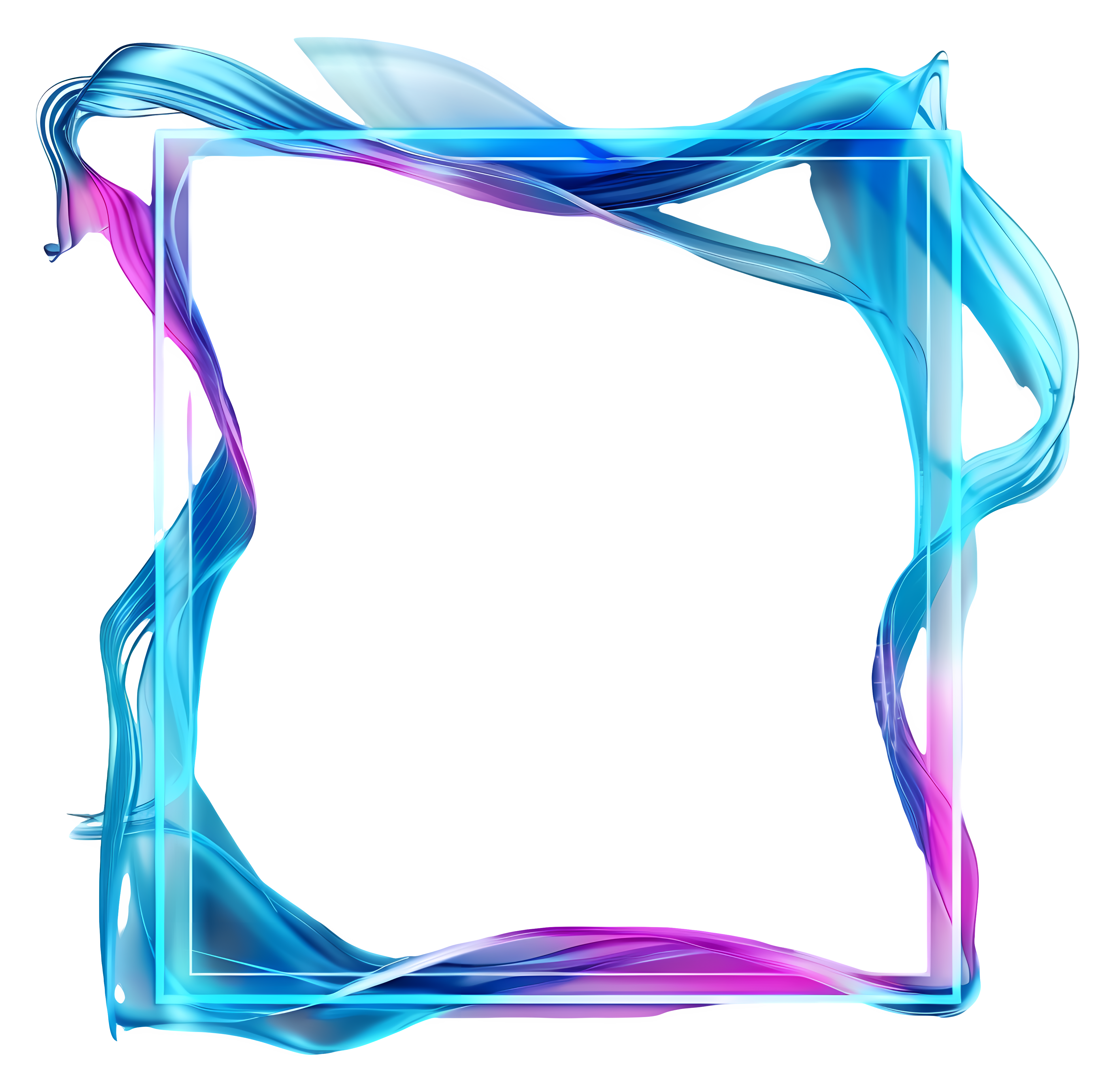 An abstract, dynamic flowing border with neon blue and pink colors swirling around a white square frame on a transparent background.