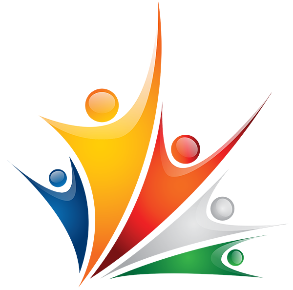 An abstract logo showing four colorful human figures reaching upwards, symbolizing community, unity, and celebration on a transparent background.
