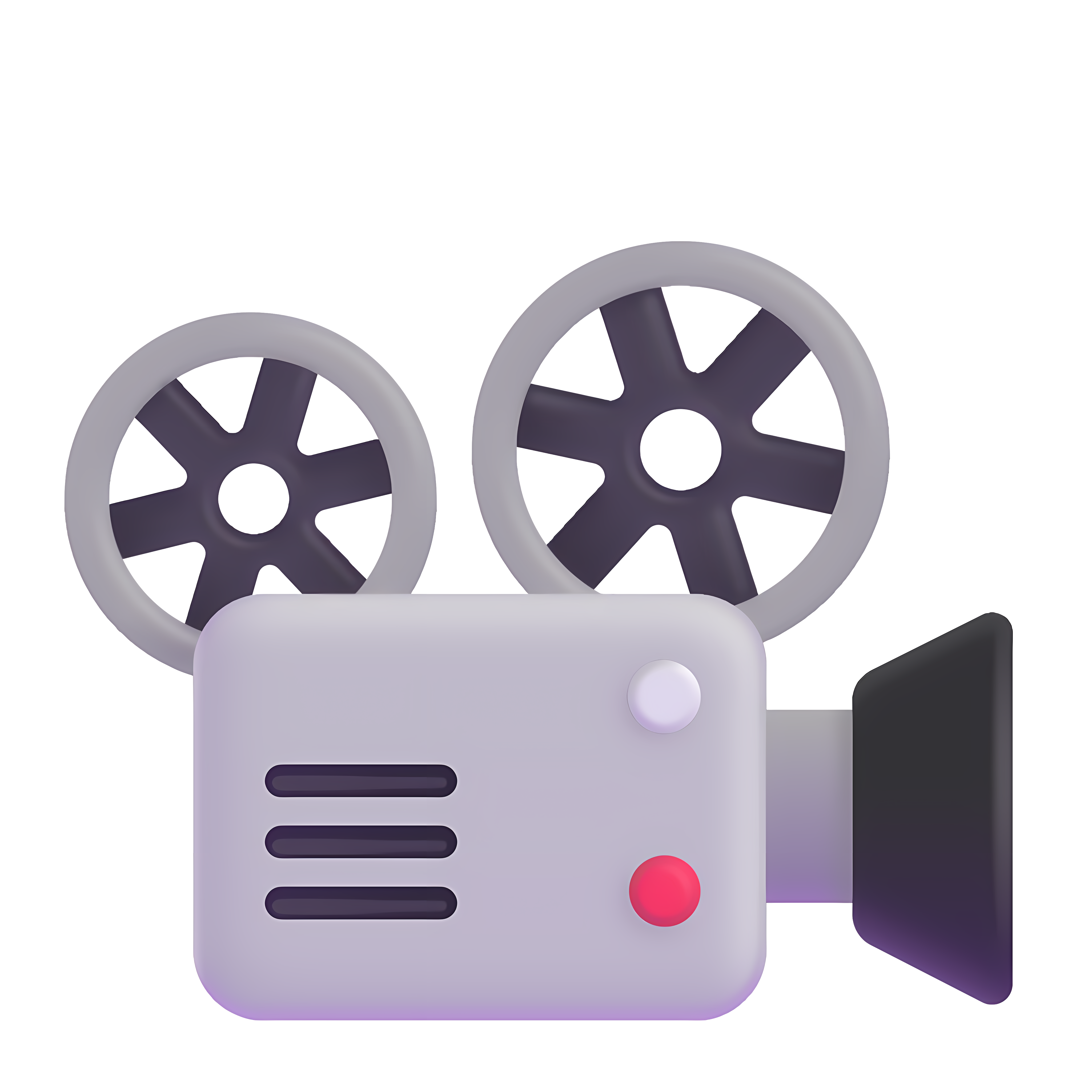 A 3D illustration of a film projector with two reels and a red button on a transparent background, symbolizing movies and cinema.