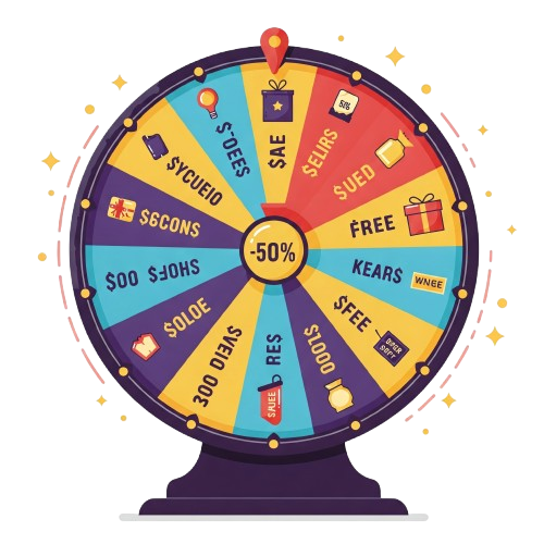 A colorful illustration of a "spin the wheel" or prize wheel game with various icons for discounts and prizes on a transparent background.