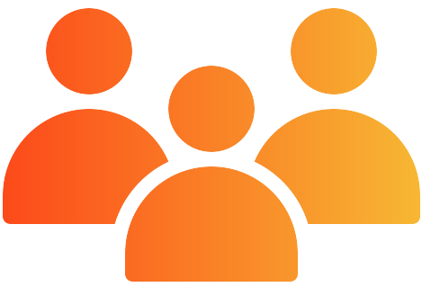 A stylized orange gradient icon depicting three people or users in a group.