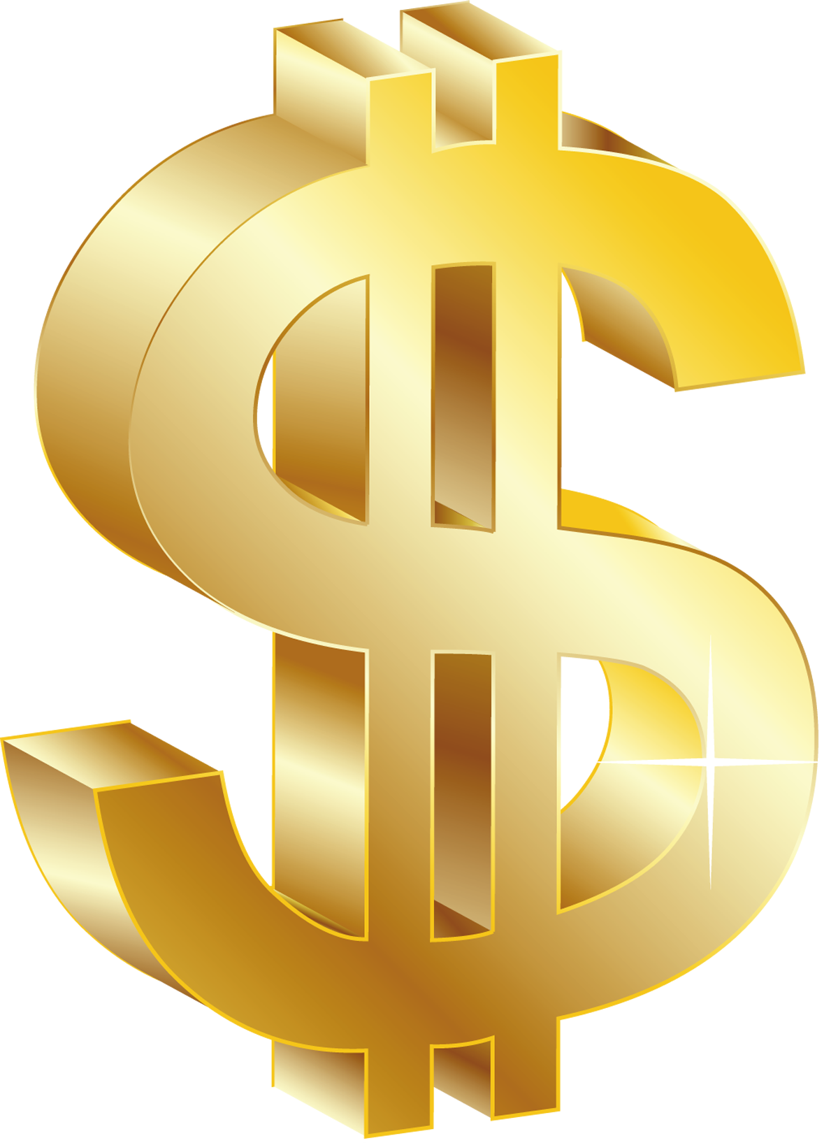 A glossy, three-dimensional golden dollar sign symbol with a transparent background.