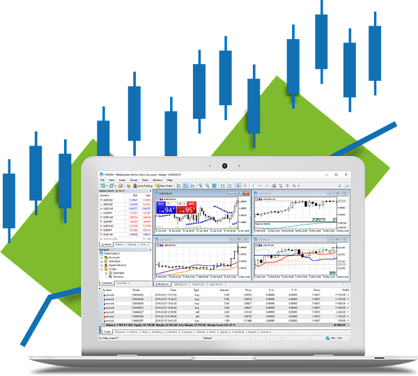 A laptop and mobile phone displaying the MetaTrader 5 financial trading platform with blue candlestick charts and a green trend background.