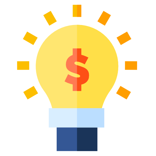 A stylized lightbulb icon that is lit up, containing a red dollar sign inside, representing a financial or business idea.