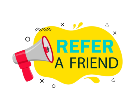 A yellow and red vector illustration of a megaphone announcing "REFER A FRIEND" inside a speech bubble.