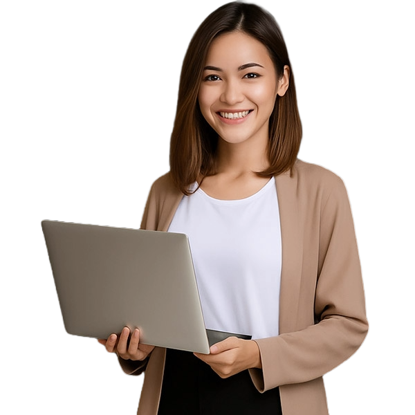 A smiling professional woman in a blazer using a silver laptop.