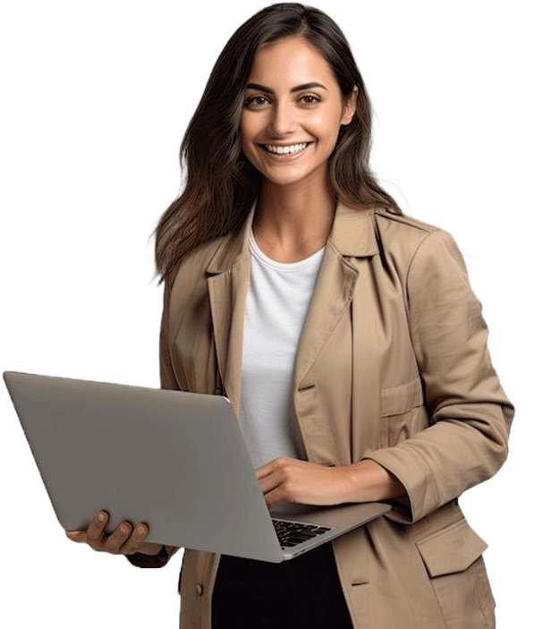 A smiling professional woman in a beige blazer and white shirt using a silver laptop.