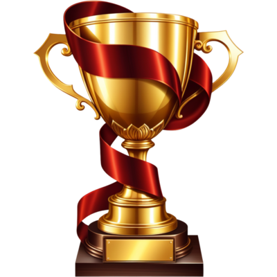 Realistic gold trophy cup with a red ribbon on a white background